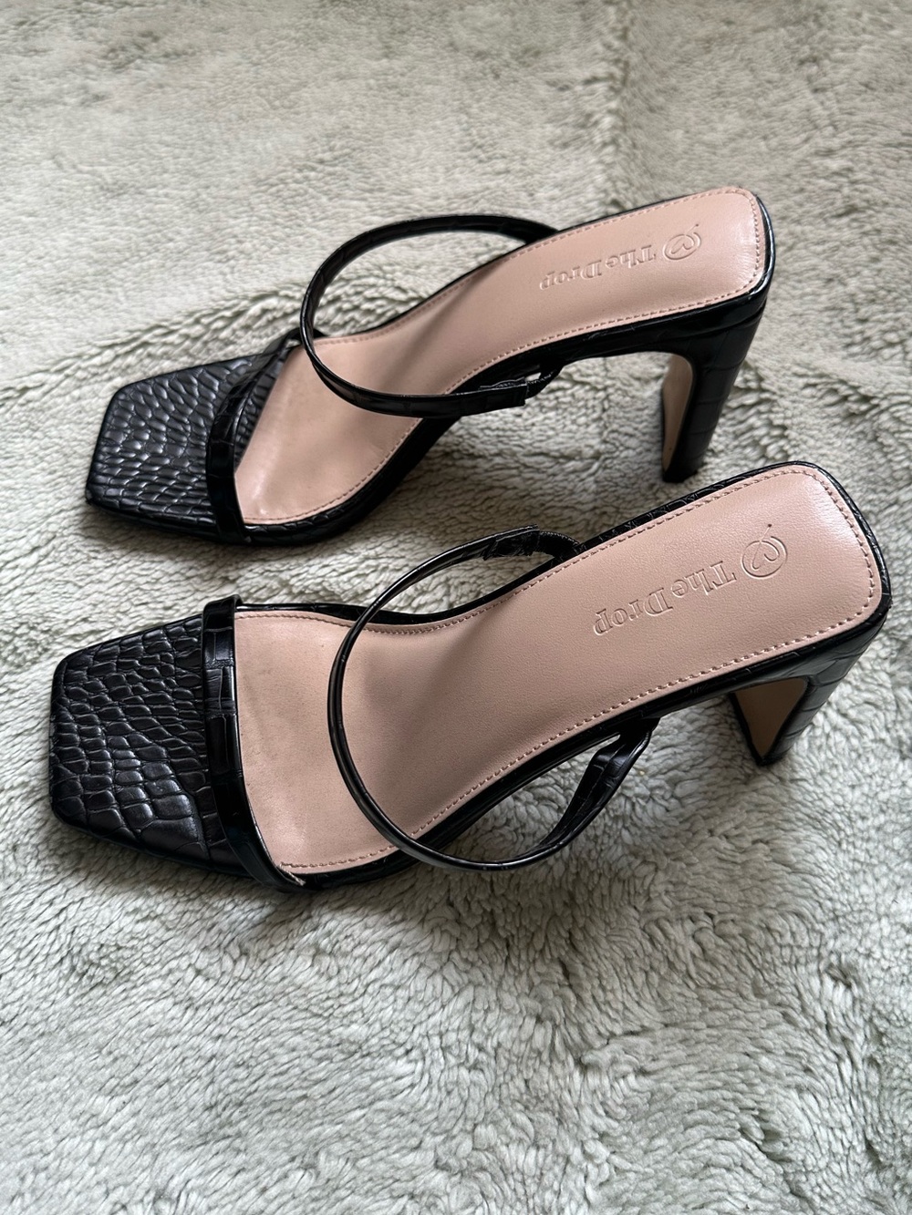 Black Croc-Embossed Square Toe Strappy Heels - Picture 2 of 5